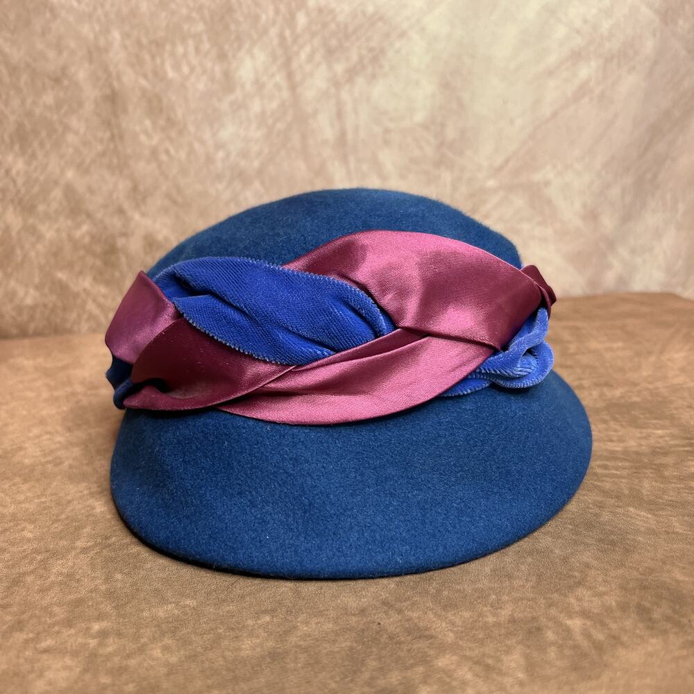 Blue Felt Cloche Hat with Braided Satin Band
